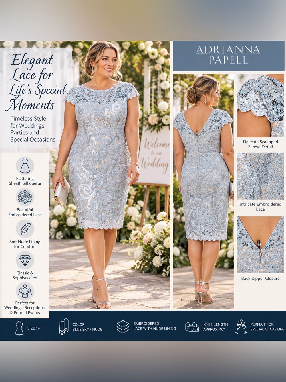 Adrianna Papell Blue Sky Lace Sheath Dress NWT 14